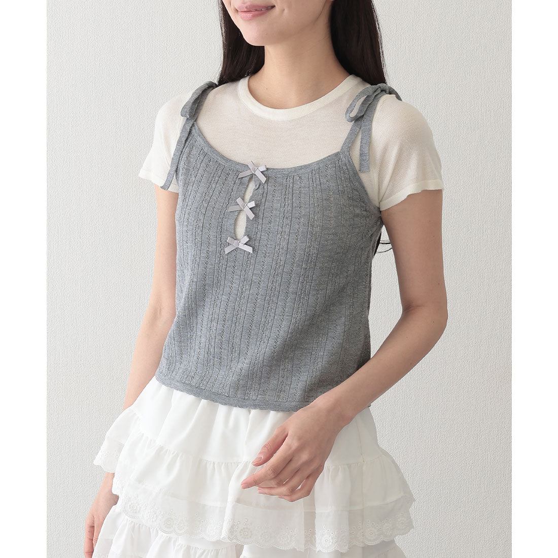 レースレディース Lace Ladies リボン付き キャミソール ドッキング 半袖 Tシャツ （グレー） グレー