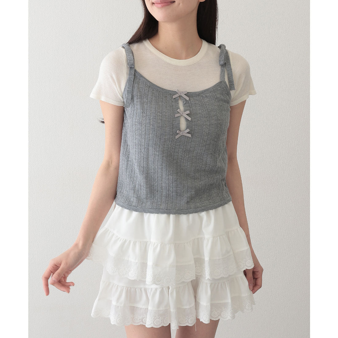 レースレディース Lace Ladies リボン付き キャミソール ドッキング 半袖 Tシャツ （グレー） グレー