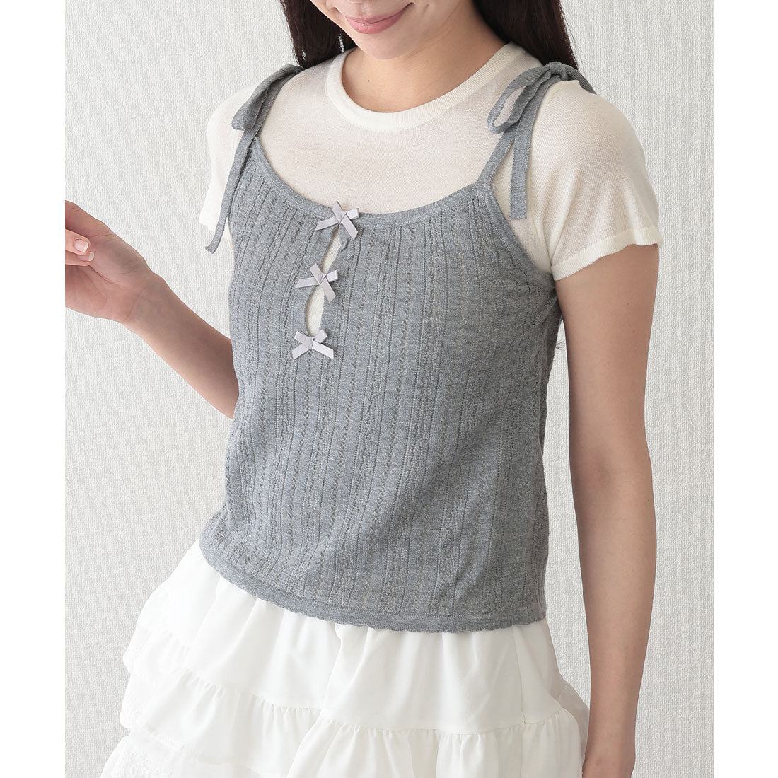 レースレディース Lace Ladies リボン付き キャミソール ドッキング 半袖 Tシャツ （グレー） グレー
