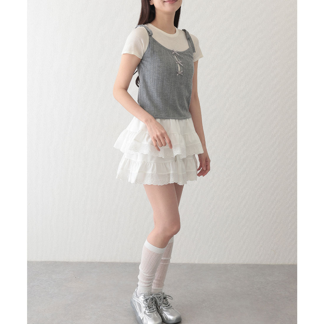 レースレディース Lace Ladies リボン付き キャミソール ドッキング 半袖 Tシャツ （グレー） グレー