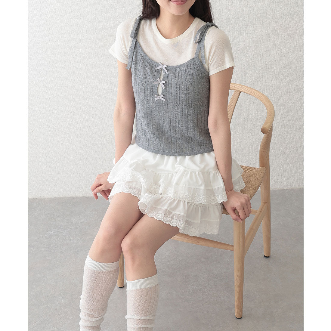 レースレディース Lace Ladies リボン付き キャミソール ドッキング 半袖 Tシャツ （グレー） グレー