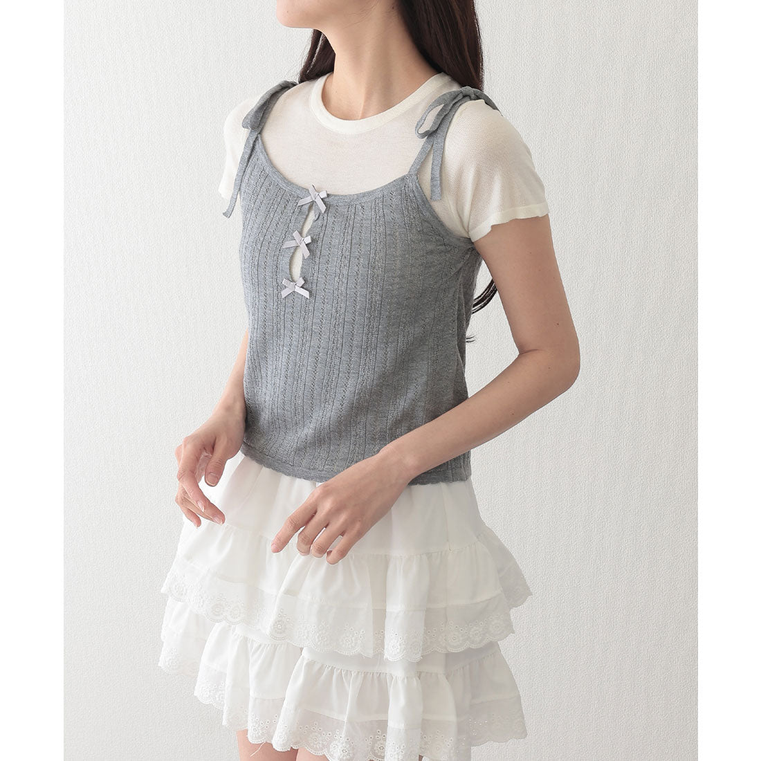 レースレディース Lace Ladies リボン付き キャミソール ドッキング 半袖 Tシャツ （グレー） グレー