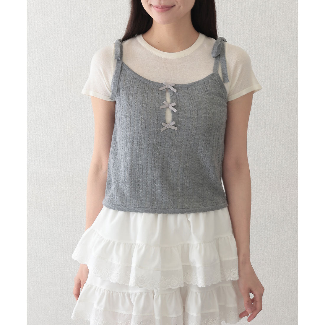 レースレディース Lace Ladies リボン付き キャミソール ドッキング 半袖 Tシャツ （グレー） グレー