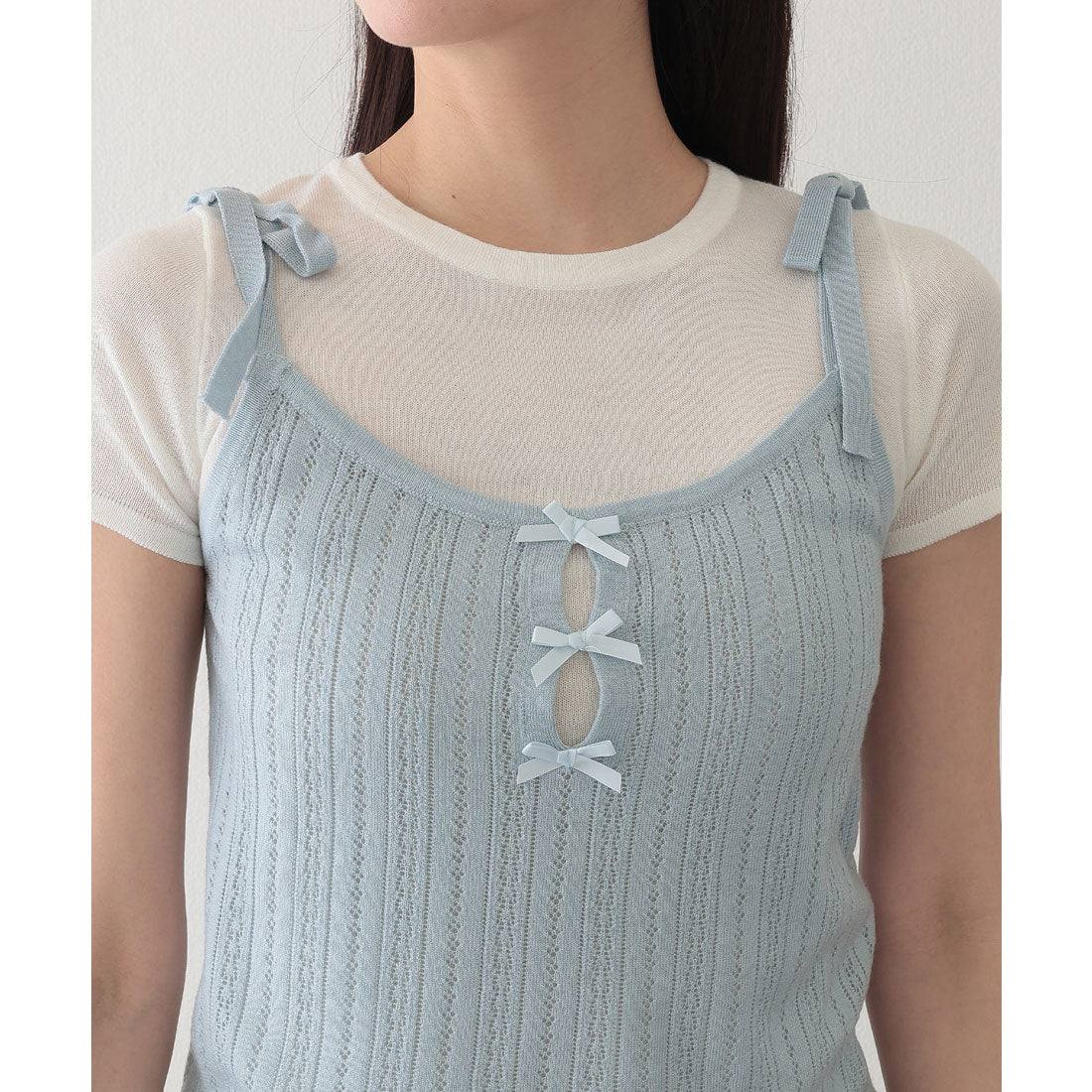 レースレディース Lace Ladies リボン付き キャミソール ドッキング 半袖 Tシャツ （グレー） グレー