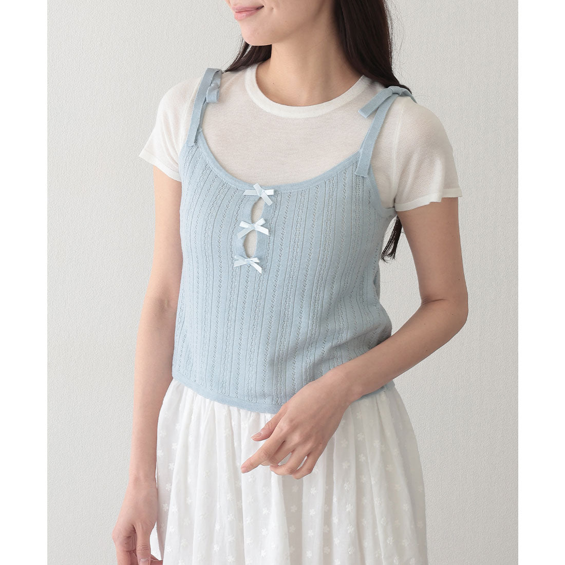 レースレディース Lace Ladies リボン付き キャミソール ドッキング 半袖 Tシャツ （ブルー） ブルー