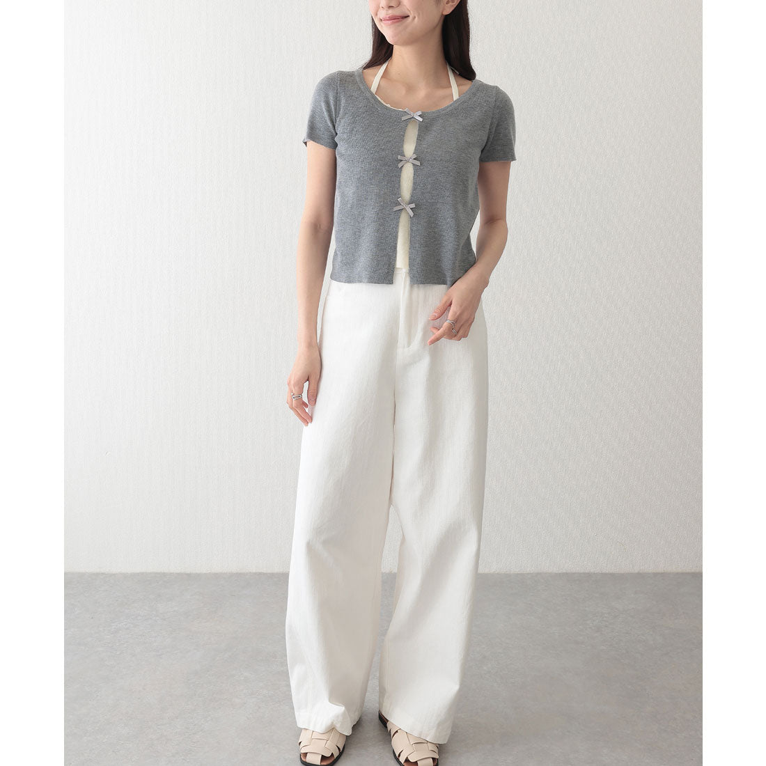 レースレディース Lace Ladies ホルターネック リボン付き ドッキング 半袖 ニット トップス （グレー） グレー