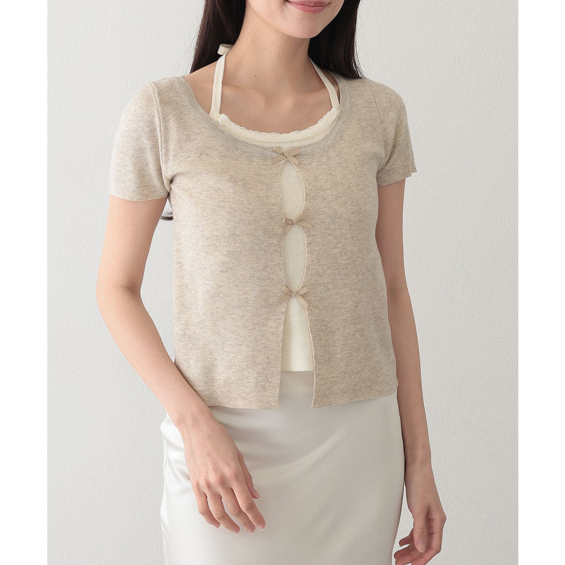 レースレディース Lace Ladies ホルターネック リボン付き ドッキング 半袖 ニット トップス （グレージュ） グレージュ