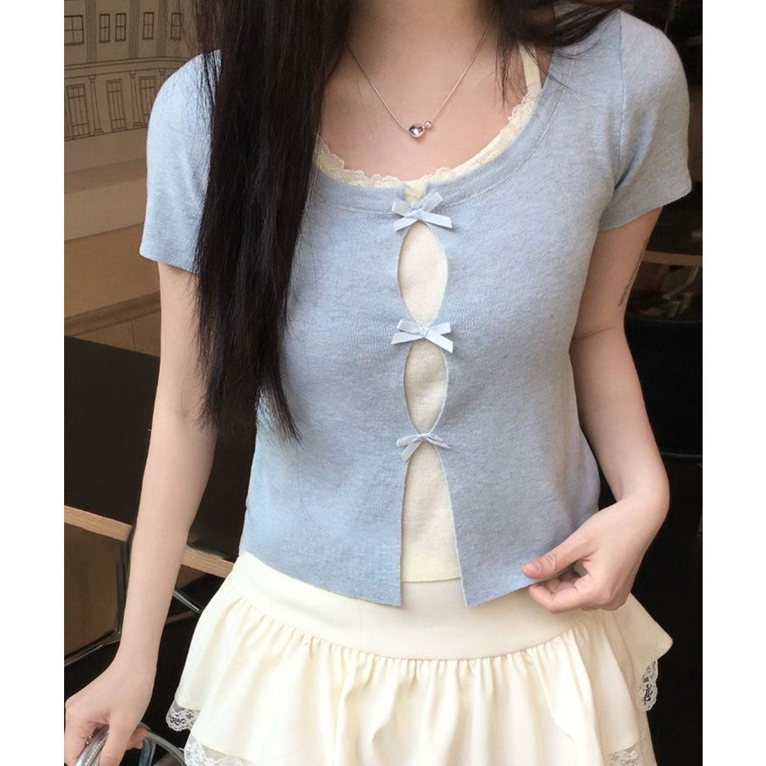 レースレディース Lace Ladies ホルターネック リボン付き ドッキング 半袖 ニット トップス （ブルー） ブルー