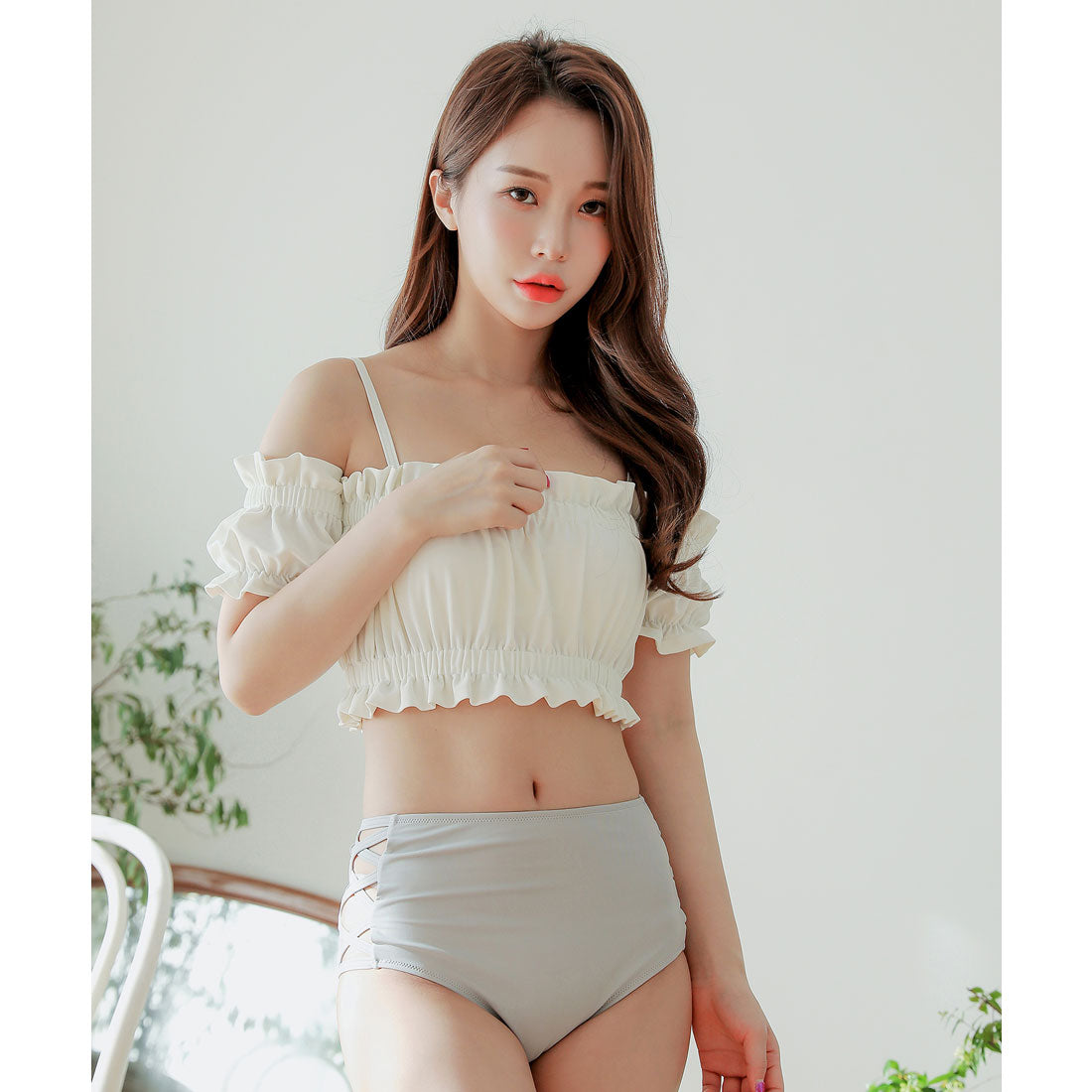 レースレディース Lace Ladies オフショルダーハイウエストショーツビキニ水着2点セット【返品不可商品】,ホワイト/グレー