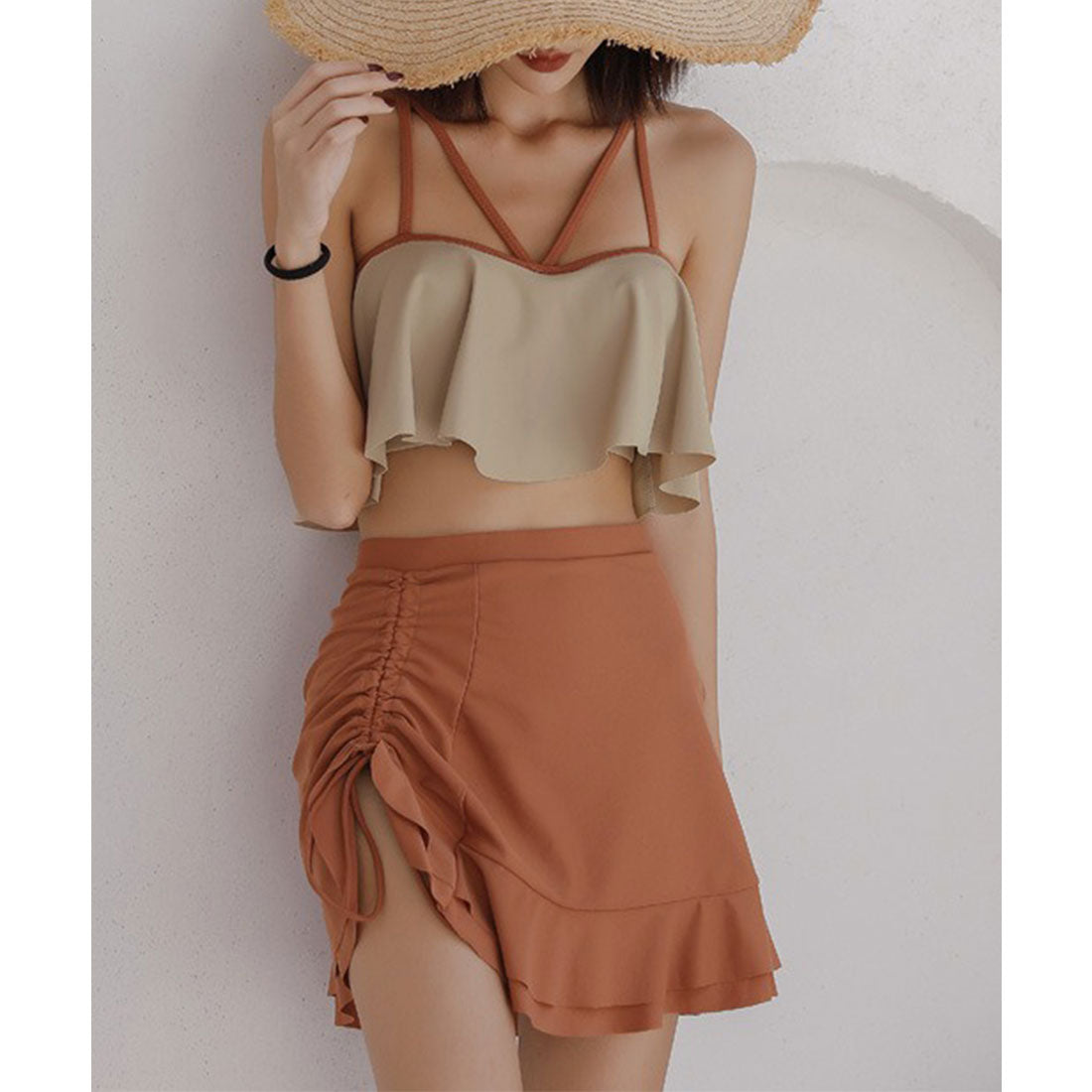 レースレディース Lace Ladies 【3点セット】バイカラー サイド シャーリング ハイウエスト ビキニ【返品不可商品】 （モカ） モカ