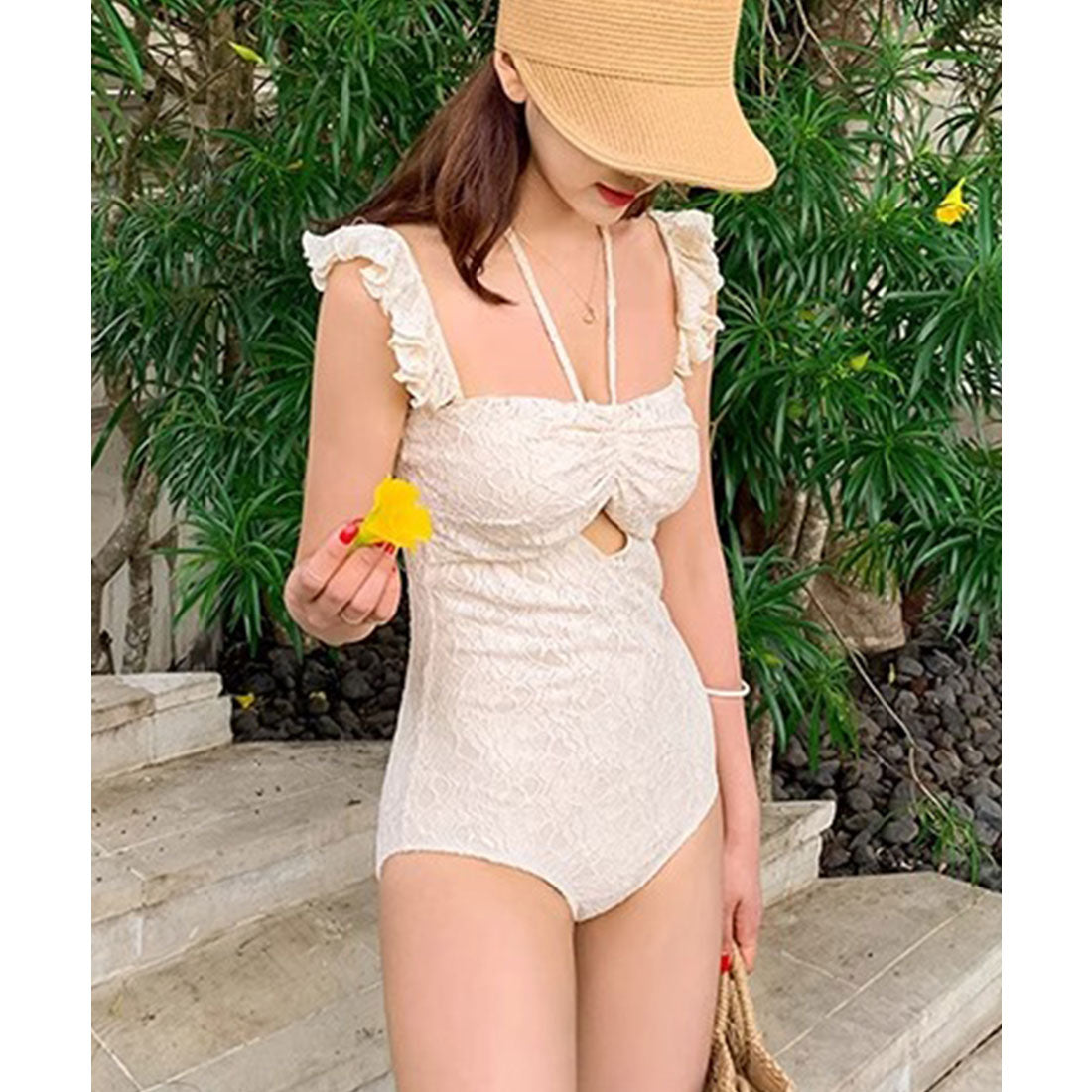 レースレディース Lace Ladies フラワー レース カットアウト ホルター 水着【返品不可商品】 （アイボリー） アイボリー