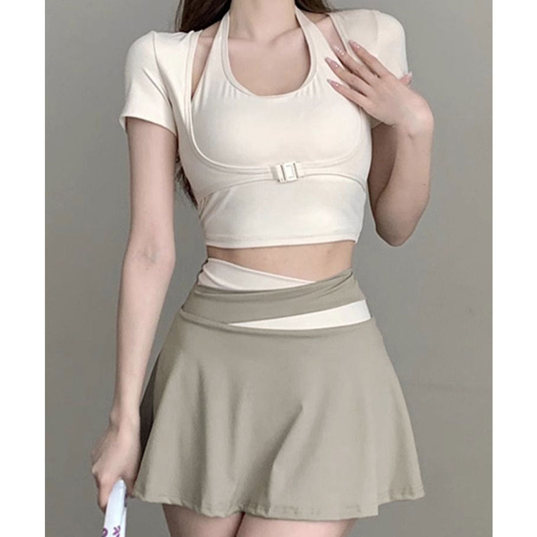 レースレディース Lace Ladies 【2点セット】配色 レイヤード ホルターネック 半袖 セパレート スイムウェア【返品不可商品】 （アイボリー） アイボリー
