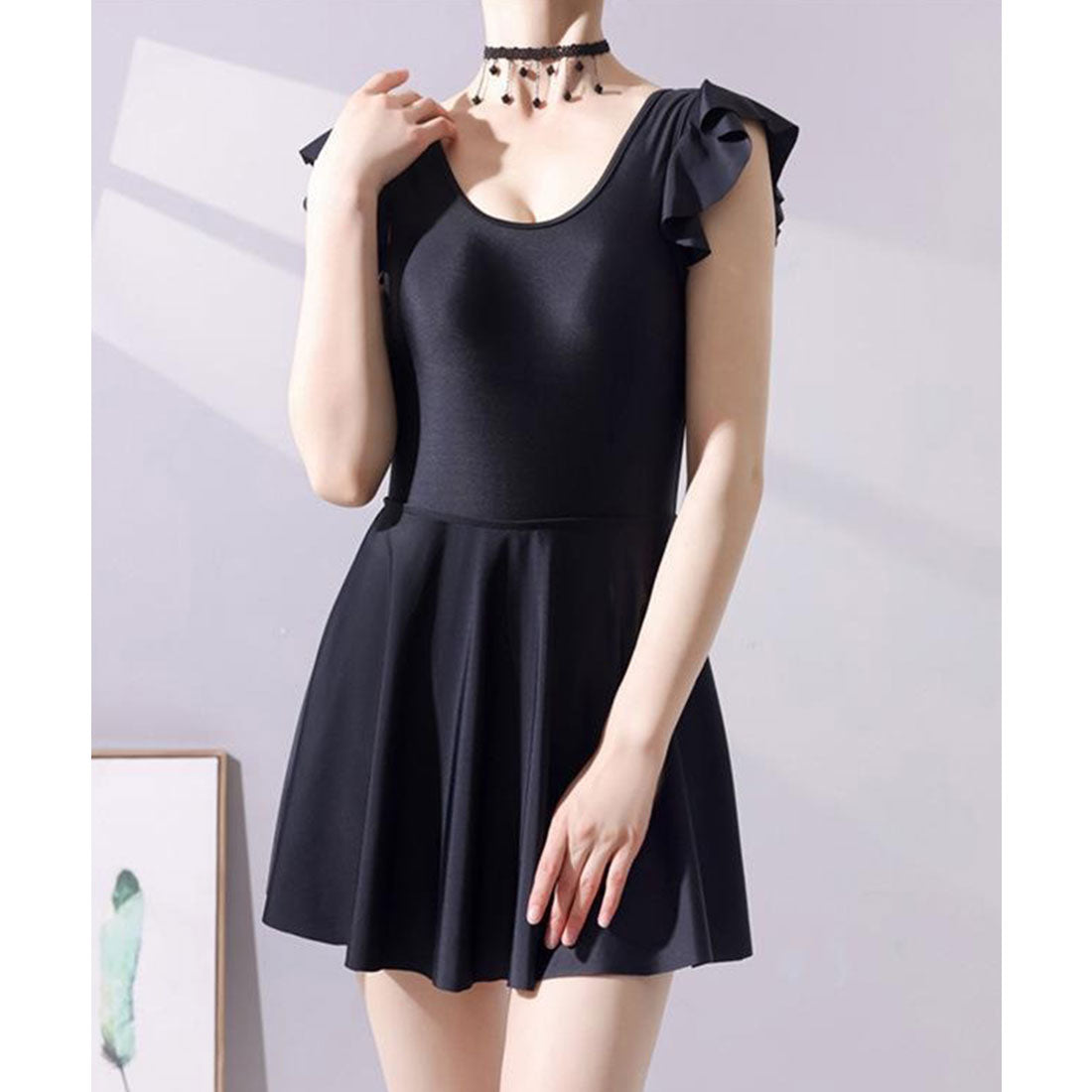 レースレディース Lace Ladies バックオープン Uネック フレンチスリーブ フリル ワンピース 水着 （ブラック） ブラック