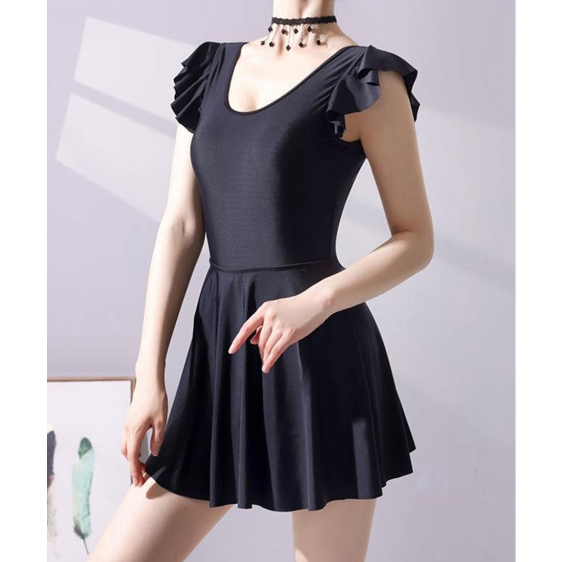 レースレディース Lace Ladies バックオープン Uネック フレンチスリーブ フリル ワンピース 水着 （ブラック） ブラック