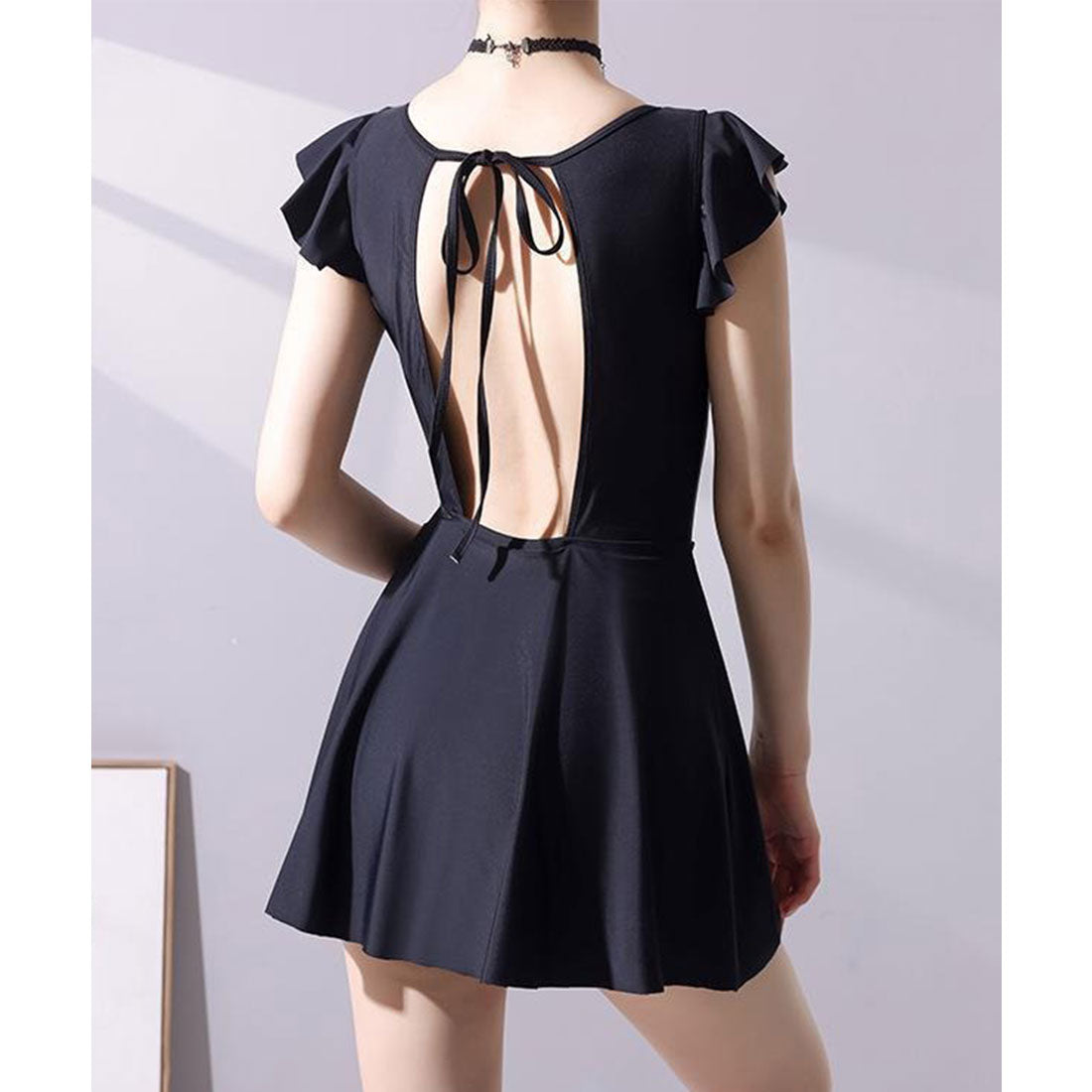レースレディース Lace Ladies バックオープン Uネック フレンチスリーブ フリル ワンピース 水着 （ブラック） ブラック