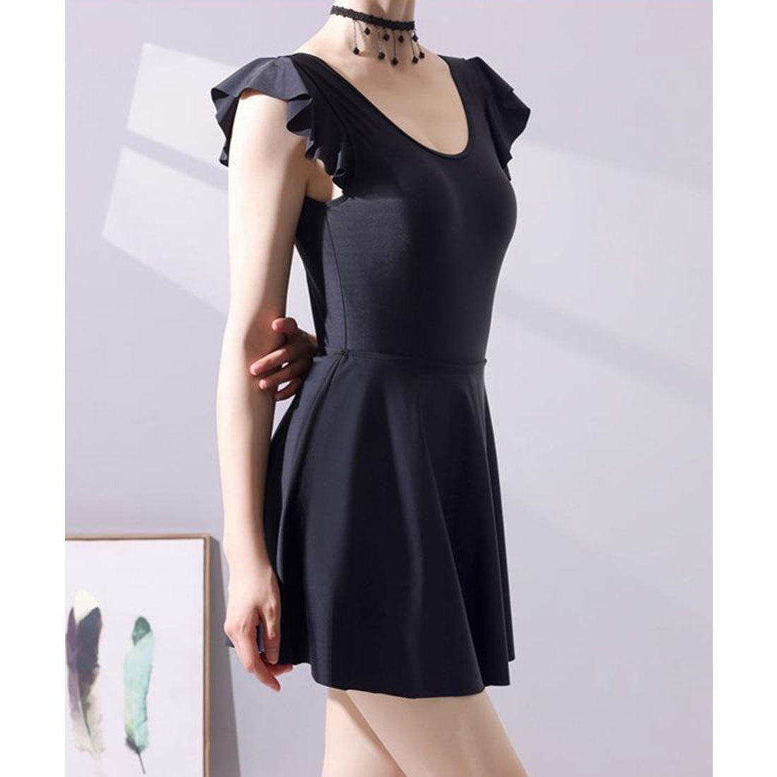 レースレディース Lace Ladies バックオープン Uネック フレンチスリーブ フリル ワンピース 水着 （ブラック） ブラック