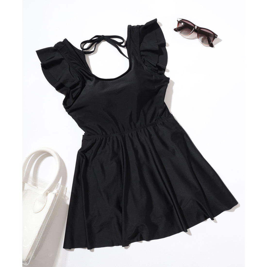 レースレディース Lace Ladies バックオープン Uネック フレンチスリーブ フリル ワンピース 水着 （ブラック） ブラック