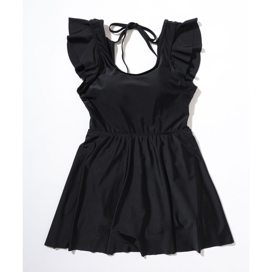 レースレディース Lace Ladies バックオープン Uネック フレンチスリーブ フリル ワンピース 水着 （ブラック） ブラック