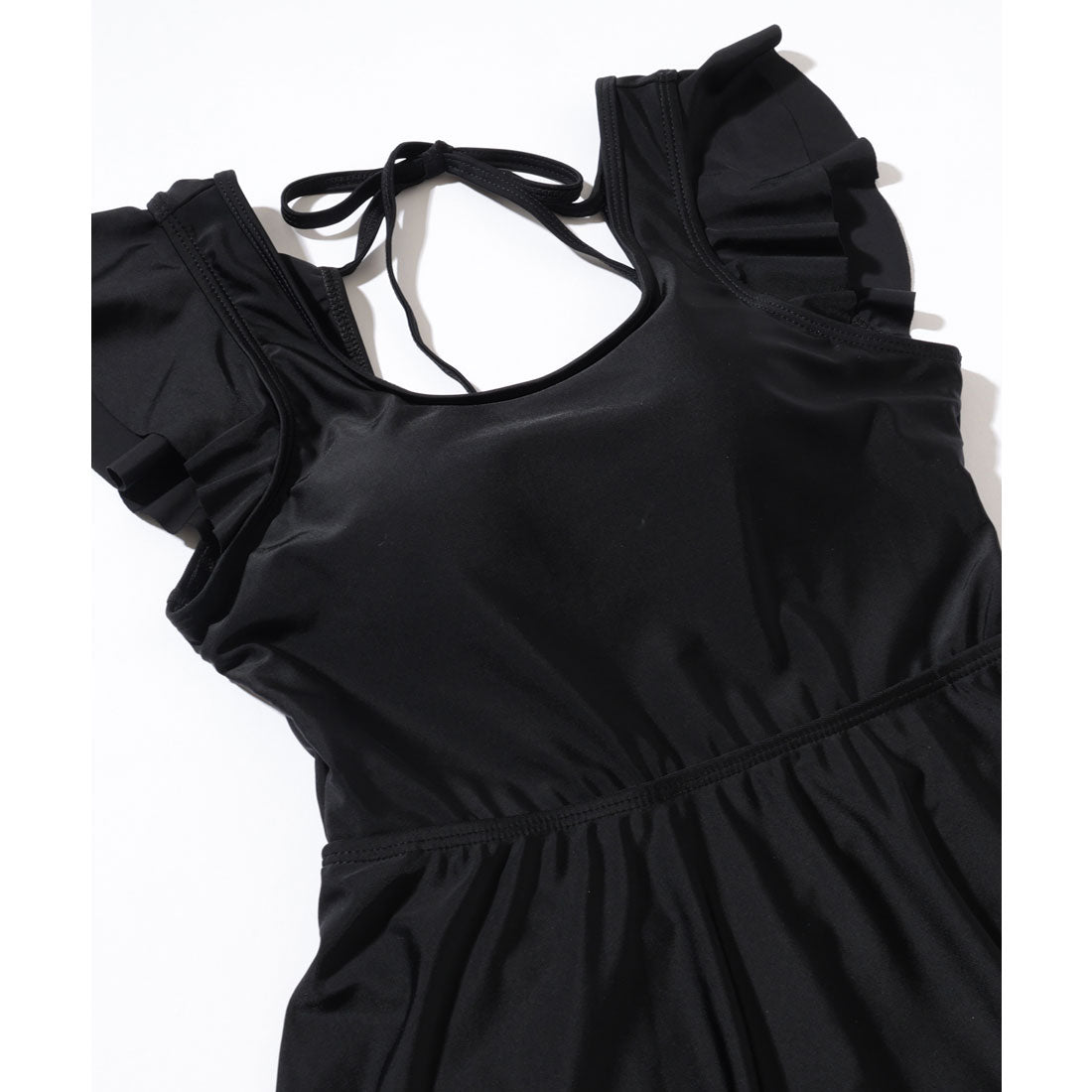 レースレディース Lace Ladies バックオープン Uネック フレンチスリーブ フリル ワンピース 水着 （ブラック） ブラック