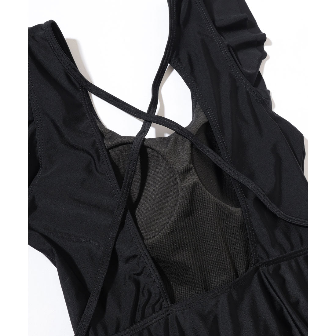 レースレディース Lace Ladies バックオープン Uネック フレンチスリーブ フリル ワンピース 水着 （ブラック） ブラック