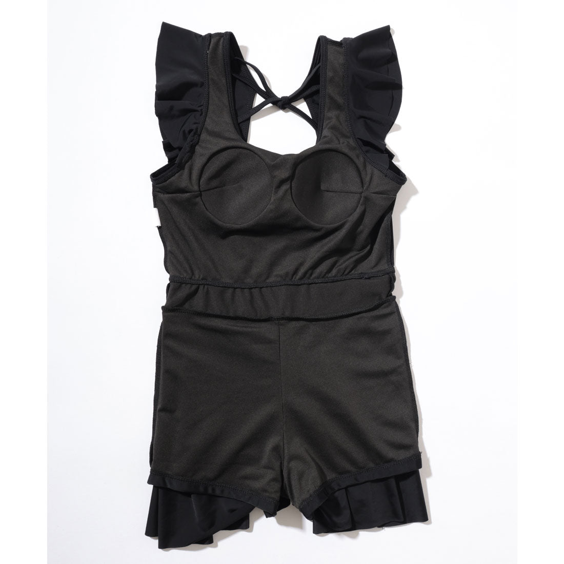レースレディース Lace Ladies バックオープン Uネック フレンチスリーブ フリル ワンピース 水着 （ブラック） ブラック