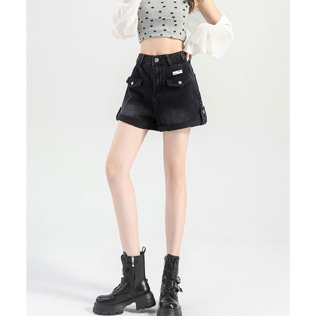 レースレディース Lace Ladies ハイウエスト ポケット付き ロールアップ デニム Aライン ショートパンツ （ブラック） ブラック