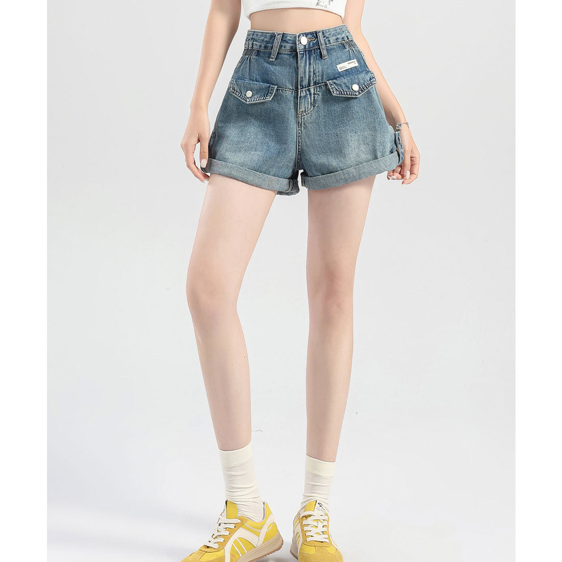 レースレディース Lace Ladies ハイウエスト ポケット付き ロールアップ デニム Aライン ショートパンツ （ブルー） ブルー