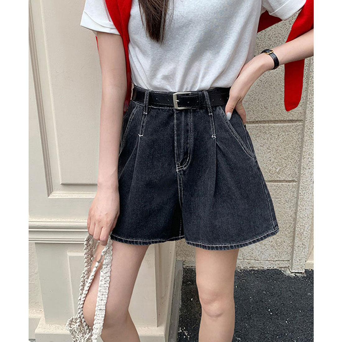 レースレディース Lace Ladies タック ステッチ入り ハイウエスト Aライン デニム ショートパンツ （ブラック） ブラック