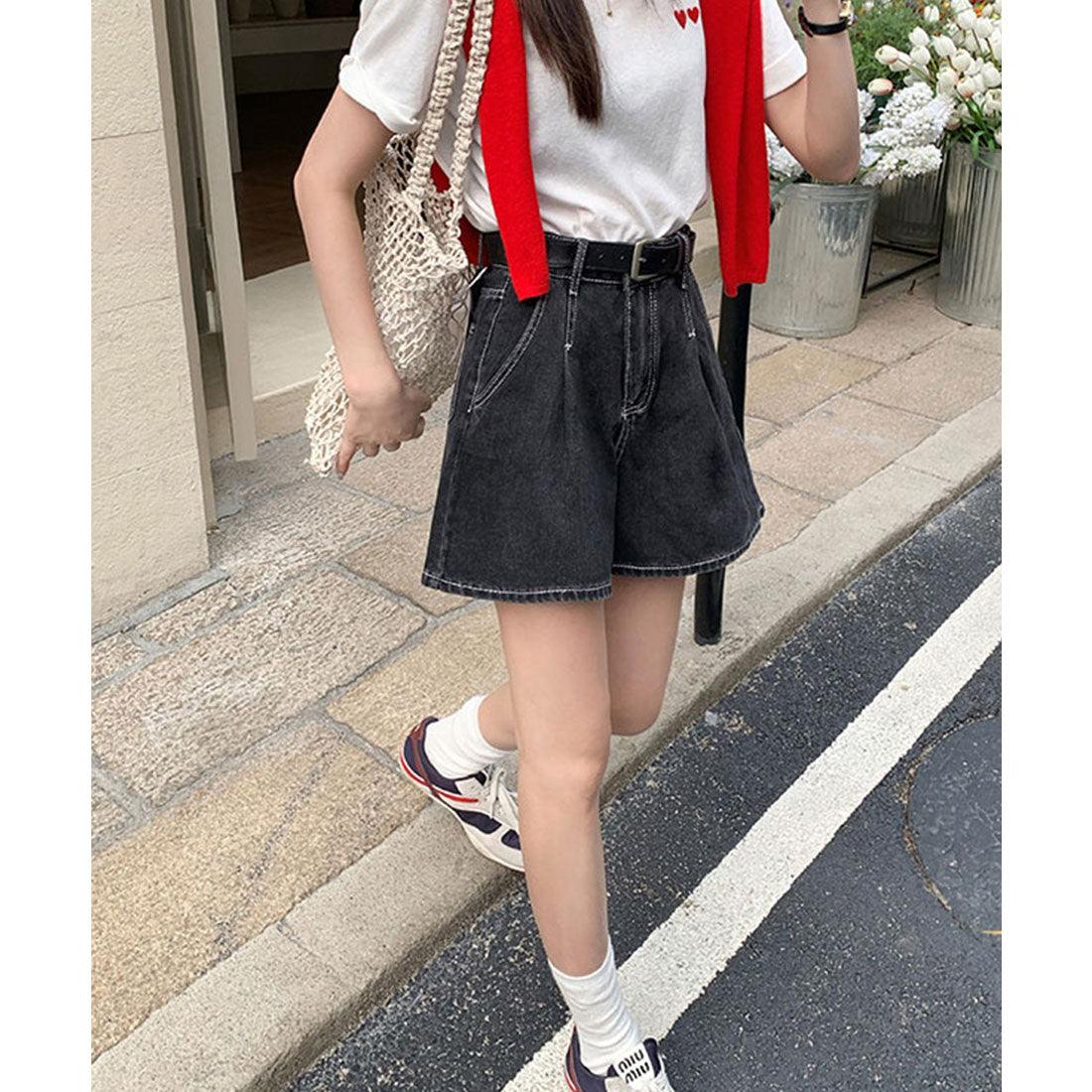 レースレディース Lace Ladies タック ステッチ入り ハイウエスト Aライン デニム ショートパンツ （ブラック） ブラック