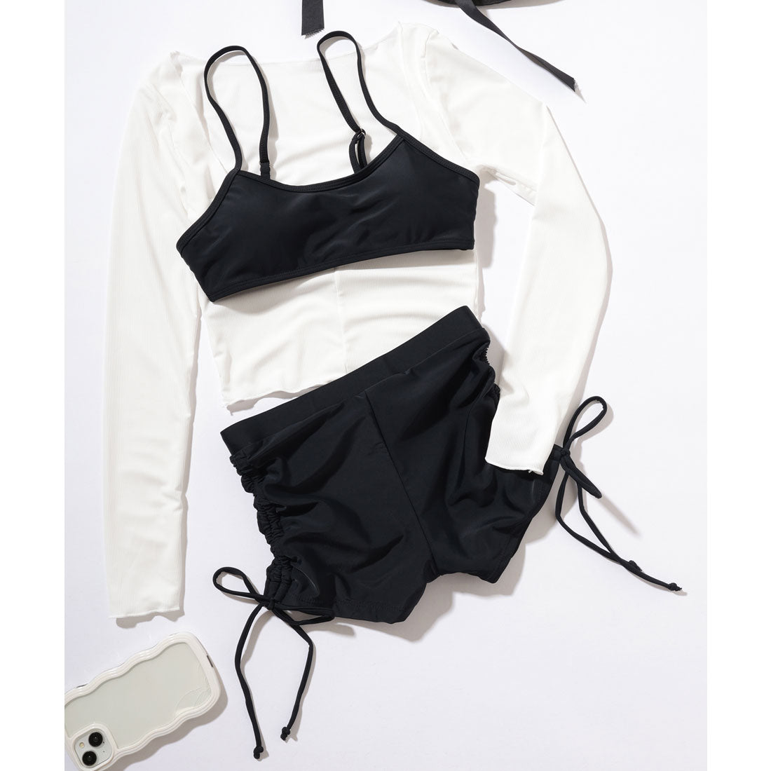 レースレディース Lace Ladies 【3点セット】ラッシュガード付き サイドシャーリング ビキニ 水着 （ブラック） ブラック