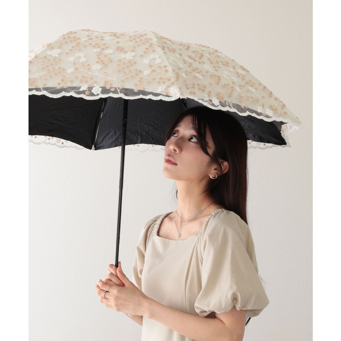 レースレディース Lace Ladies 晴雨兼用 小花柄 刺繍 レース レイヤード 折りたたみ傘 （ベージュ） ベージュ