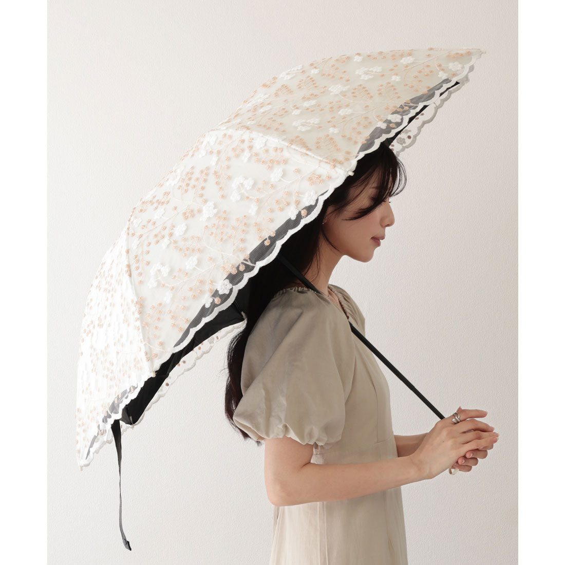 レースレディース Lace Ladies 晴雨兼用 小花柄 刺繍 レース レイヤード 折りたたみ傘 （ベージュ） ベージュ