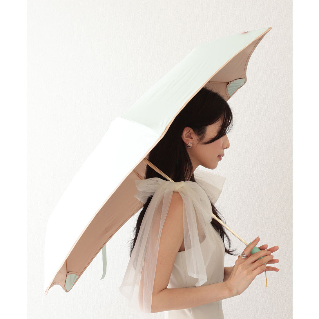 レースレディース Lace Ladies 晴雨兼用 配色 ライン ストレート ハンドル 折りたたみ傘 （グリーン） グリーン