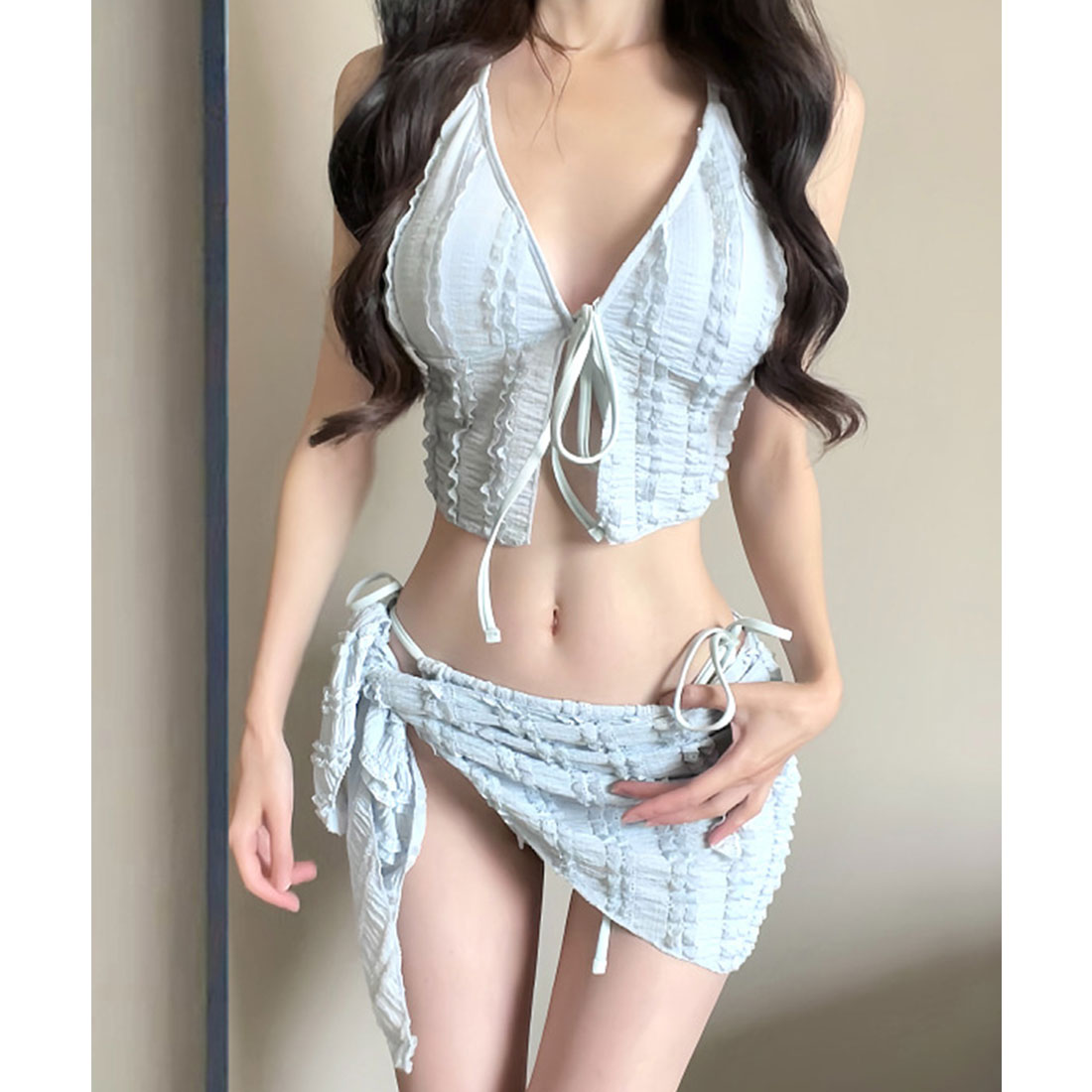 レースレディース Lace Ladies 【3点セット】ビスチェ風 フリル パレオ付き ビキニ 水着 （ブルー） ブルー