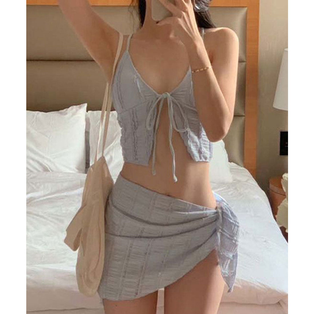 レースレディース Lace Ladies 【3点セット】ビスチェ風 フリル パレオ付き ビキニ 水着 （ブルー） ブルー