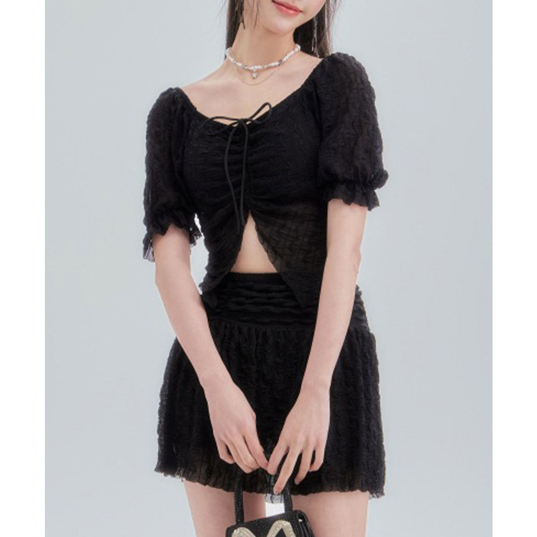 レースレディース Lace Ladies 【2点セット】フロントシャーリング シアー パフスリーブ セパレート 水着【返品不可商品】 （ブラック） ブラック