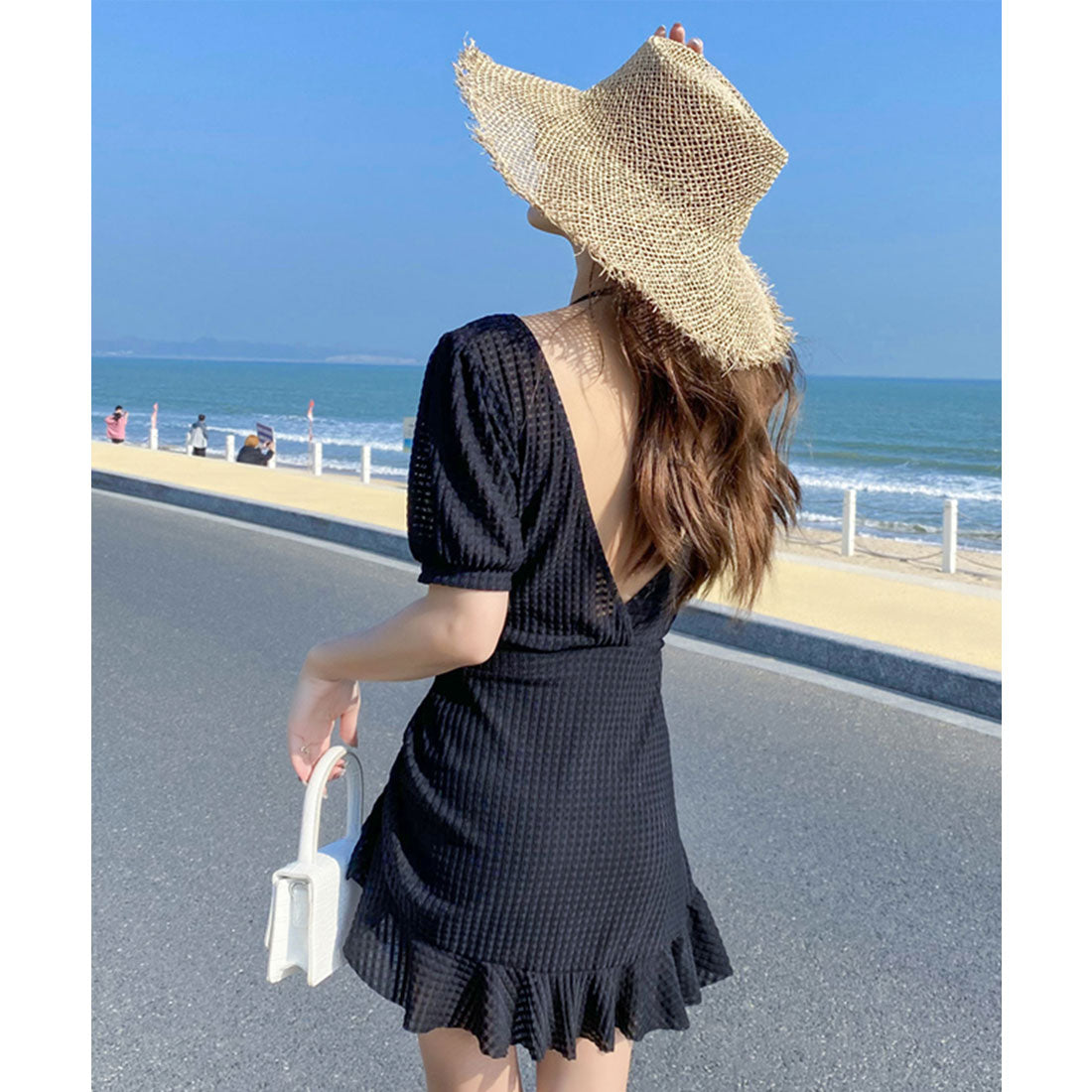 レースレディース Lace Ladies カシュクール ビキニ 一体型 パフスリーブ ワンピース 水着 （ブラック） ブラック