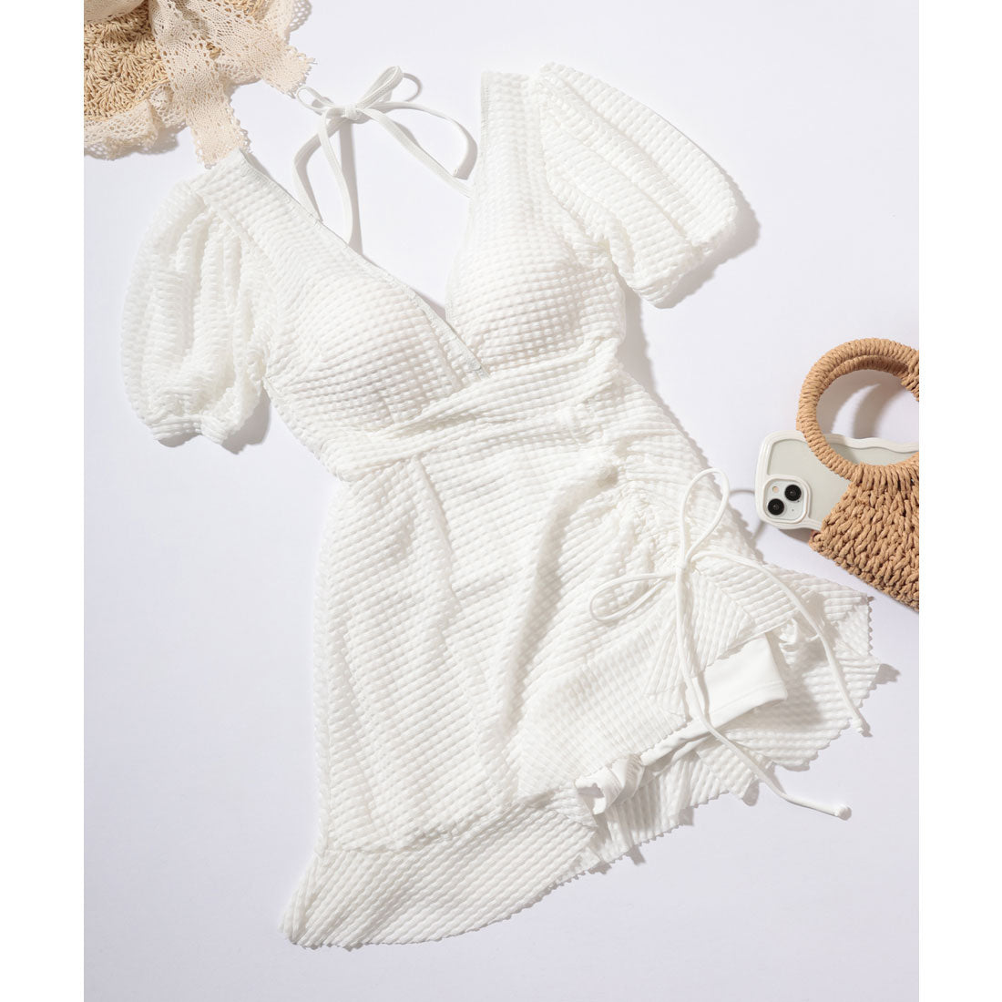 レースレディース Lace Ladies カシュクール ビキニ 一体型 パフスリーブ ワンピース 水着 （ブラック） ブラック