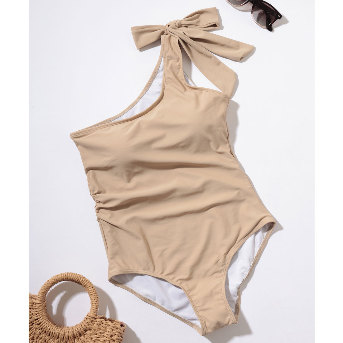 レースレディース Lace Ladies ワンショルダー 肩リボン サイドシャーリング ワンピース 水着 （ブルー） ブルー