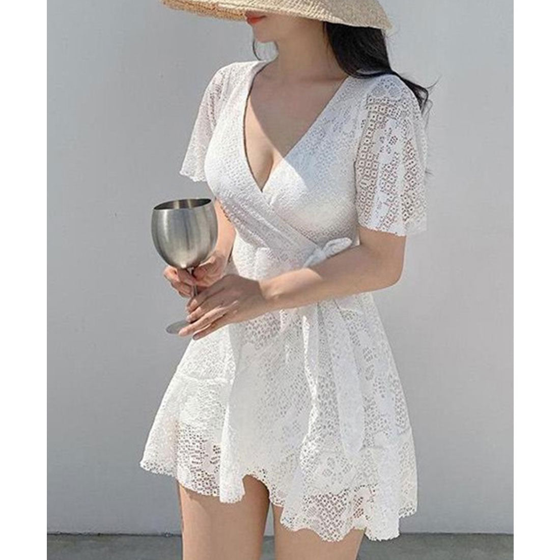 レースレディース Lace Ladies レース カシュクール 半袖 ワンピース 水着 （ホワイト） ホワイト