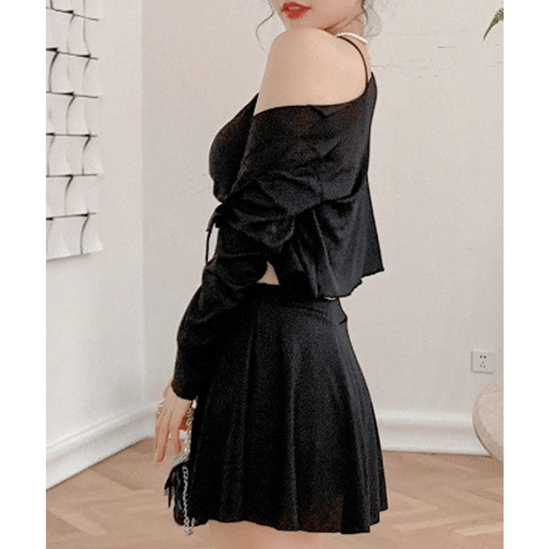 レースレディース Lace Ladies 【3点セット】フロント シャーリング ラッシュガード付き ビキニ 水着 （ブラック） ブラック