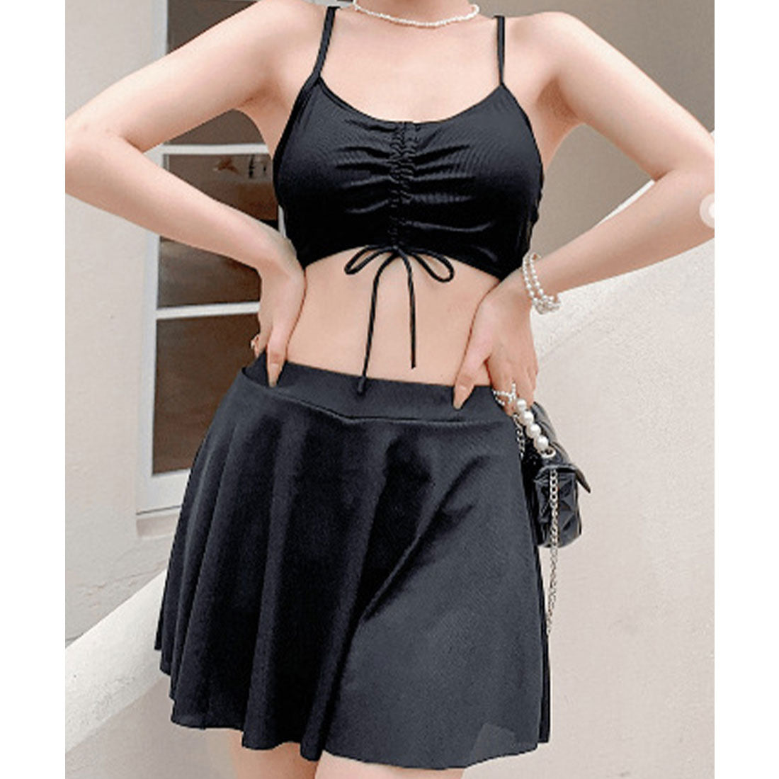 レースレディース Lace Ladies 【3点セット】フロント シャーリング ラッシュガード付き ビキニ 水着 （ブラック） ブラック