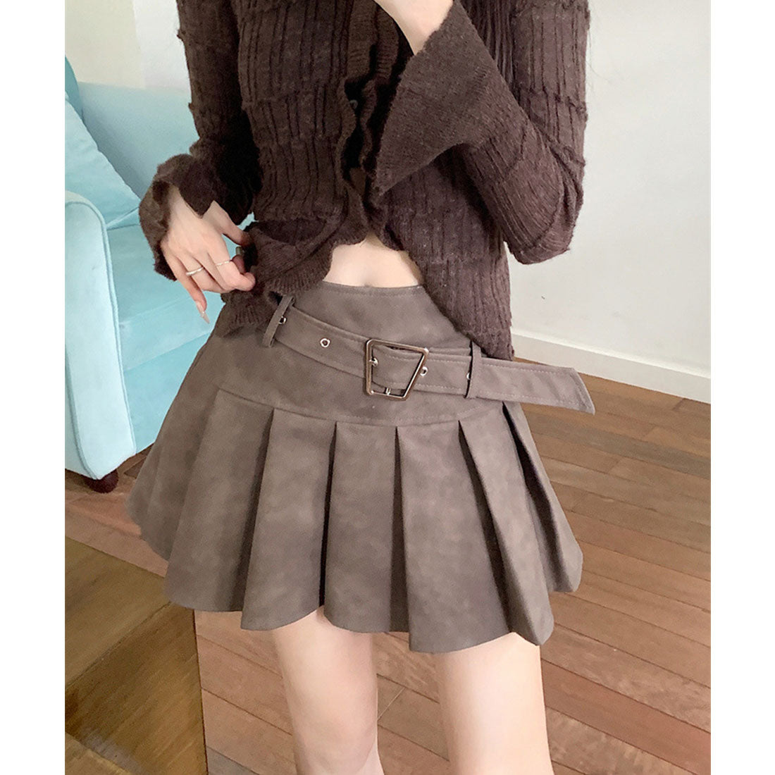 レースレディース Lace Ladies レザー調 ベルト付き ボックス プリーツ ミニ スカート （ブラウン） ブラウン