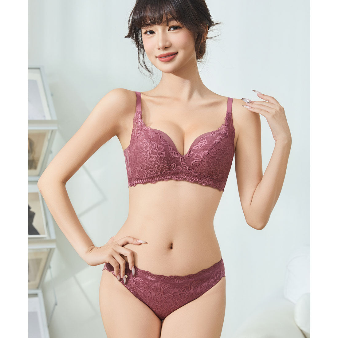 レースレディース Lace Ladies エレガント レース レイヤード ブラジャー&ショーツ セット （レッド） レッド