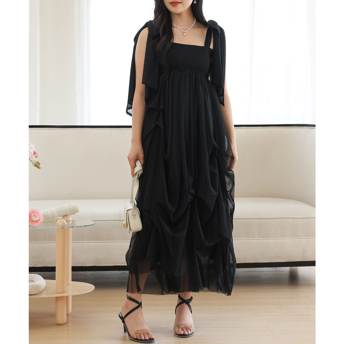 レースレディース Lace Ladies 肩リボン ドレープ チュール ロング ドレス ワンピース （ブラック） ブラック