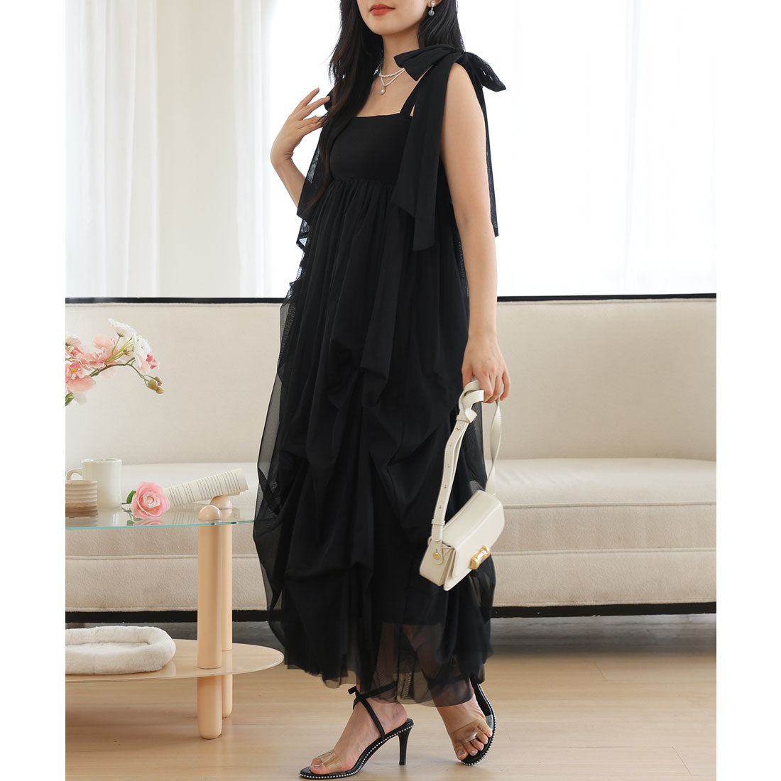 レースレディース Lace Ladies 肩リボン ドレープ チュール ロング ドレス ワンピース （ブラック） ブラック