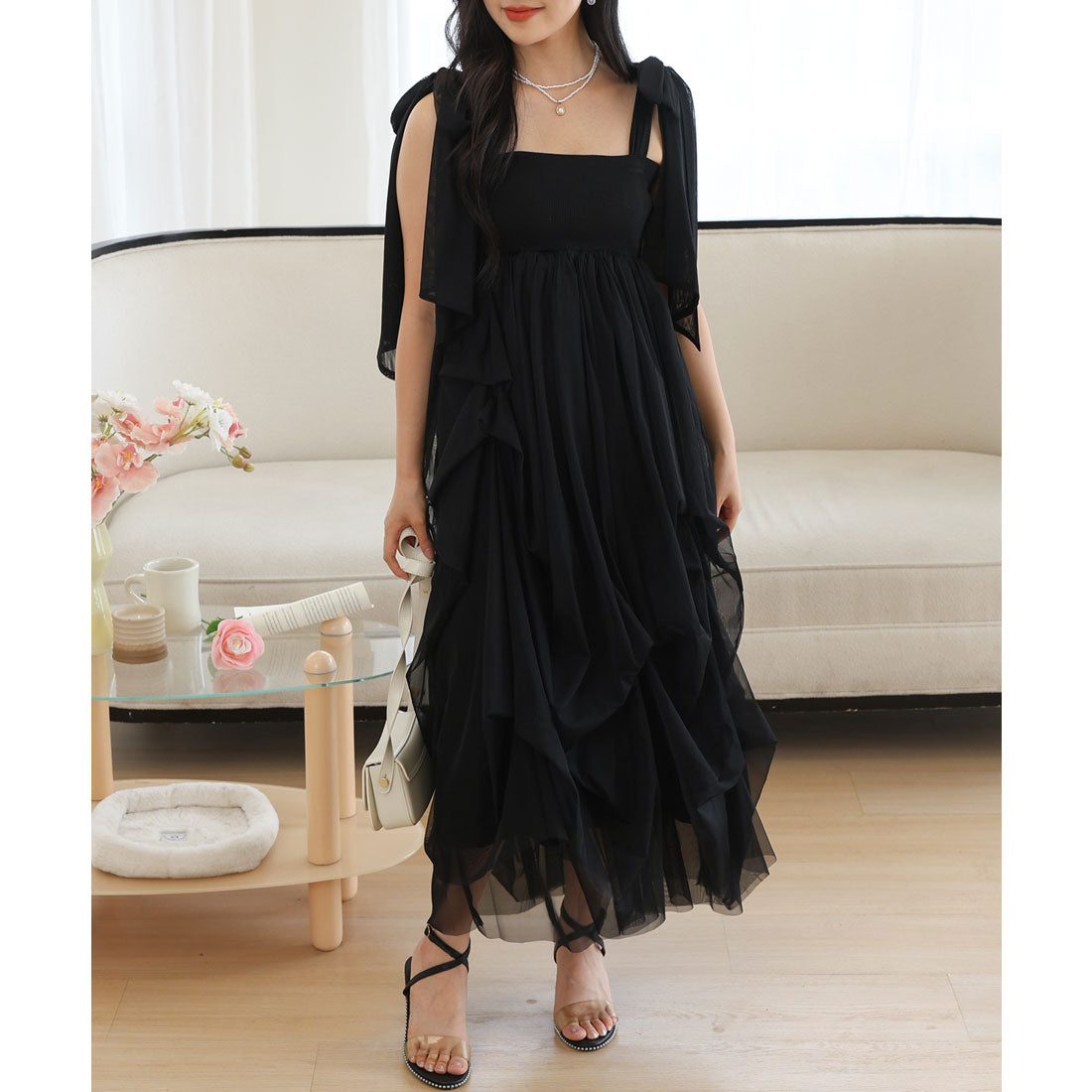 レースレディース Lace Ladies 肩リボン ドレープ チュール ロング ドレス ワンピース （ブラック） ブラック