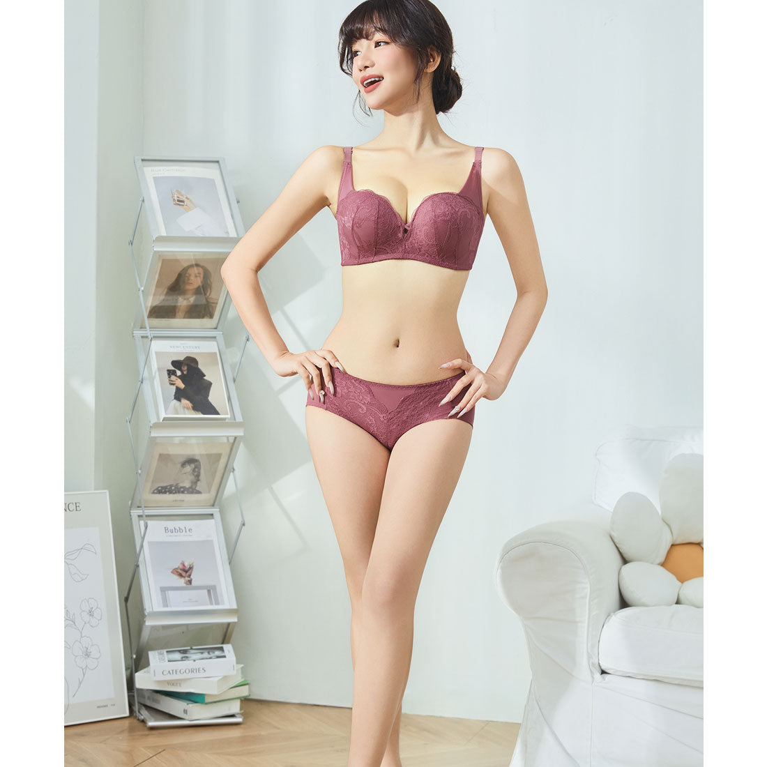 レースレディース Lace Ladies ソリッドカラー センター クロス ブラジャー&ショーツ セット （ワインレッド） ワインレッド