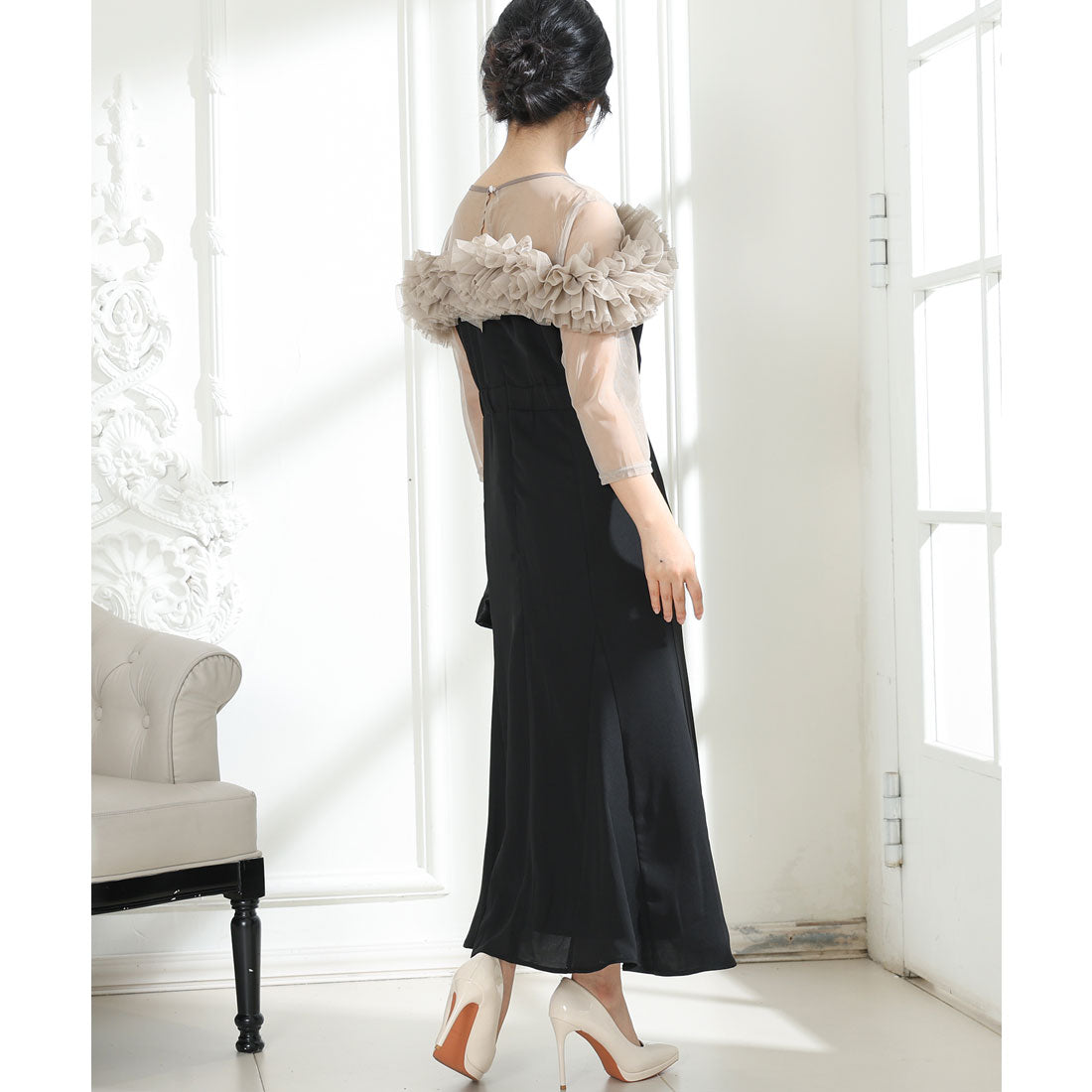 レースレディース Lace Ladies チュールフリル シアー 切り替え フレア ロング ドレス （ブラック） ブラック