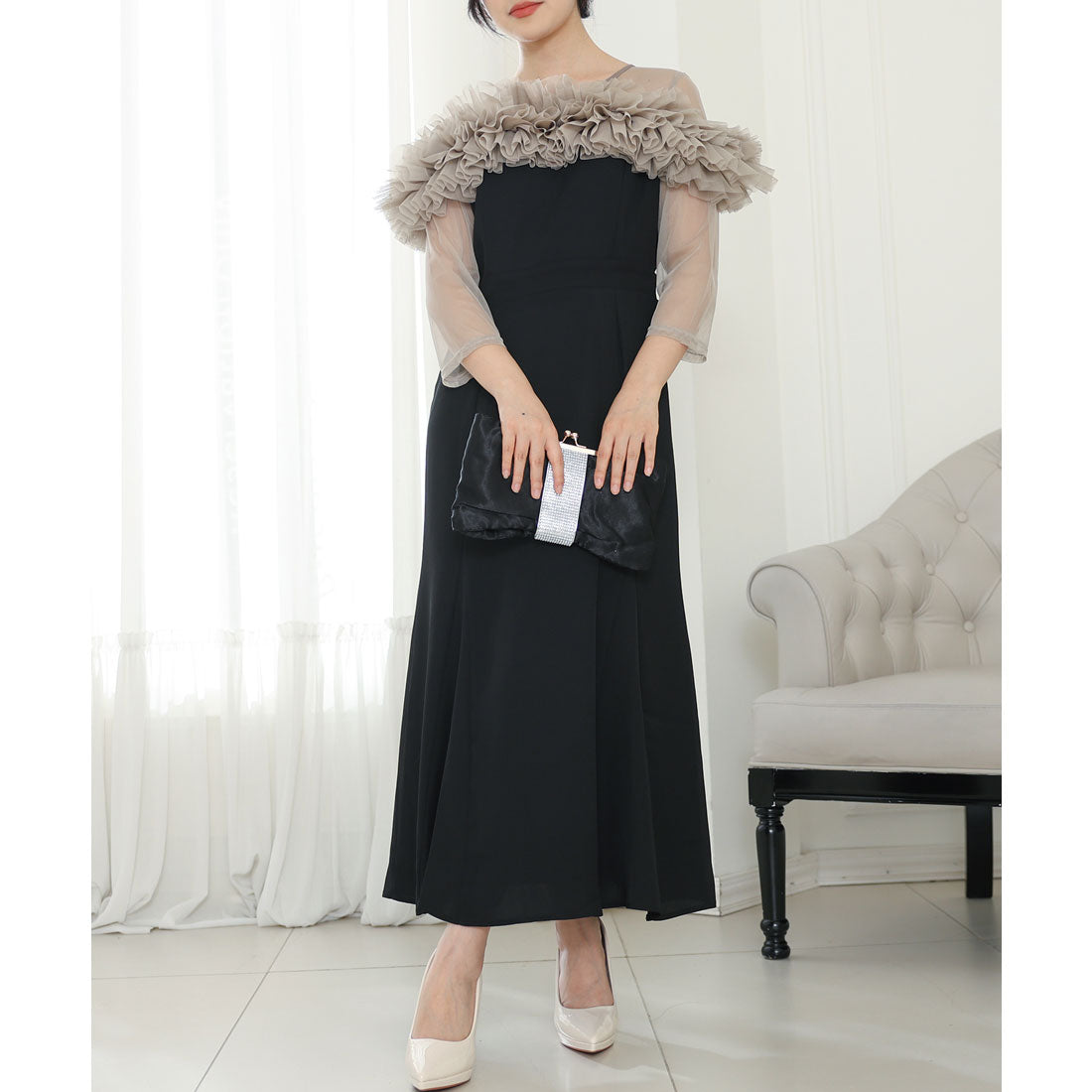 レースレディース Lace Ladies チュールフリル シアー 切り替え フレア ロング ドレス （ブラック） ブラック